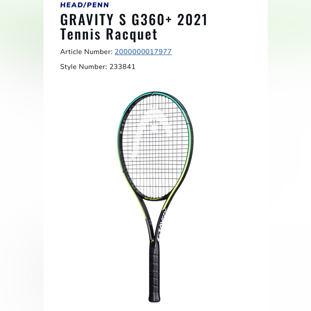 ONE (1) HEAD GRAVITY S G360+ 2021 TENNIS RACQUET - USED, 4 1/4 grip size